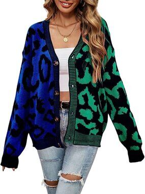 New - Women's Color Block Leopard Print Button Down Long Sleeve Cardigan Sweater
